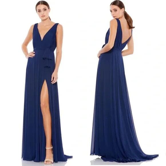 Mac Duggal 55283 SLEEVELESS V-NECK CHIFFON‎ GOWN Sz 0 Midnight - Picture 2 of 7